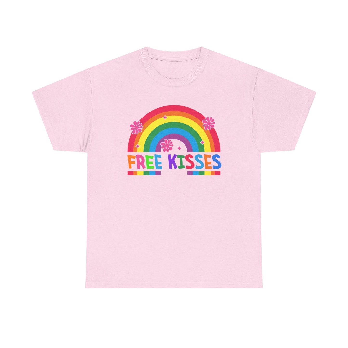 Colorful Rainbow Tee with 'Free Kisses' Design