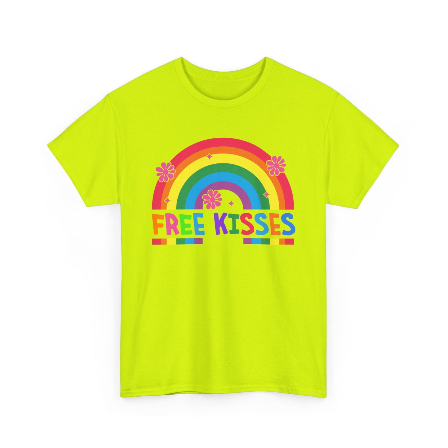 Colorful Rainbow Tee with 'Free Kisses' Design