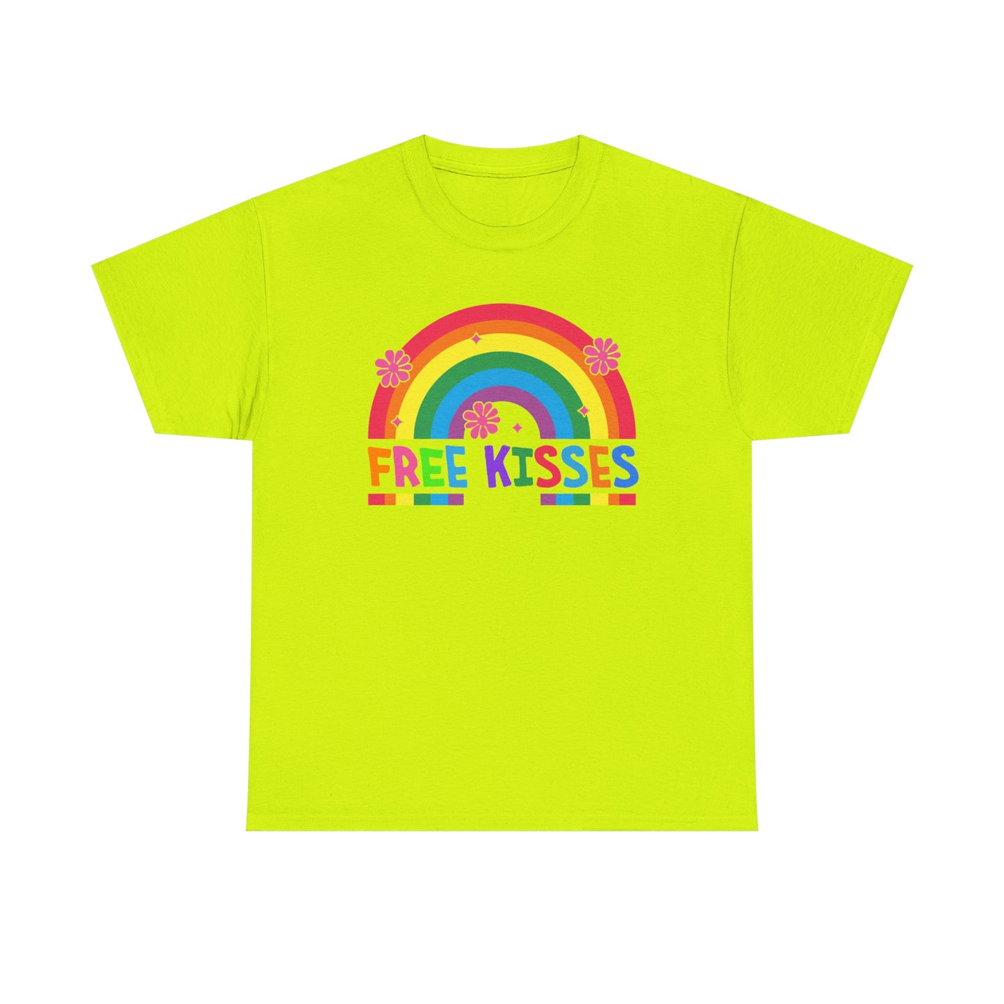 Colorful Rainbow Tee with 'Free Kisses' Design