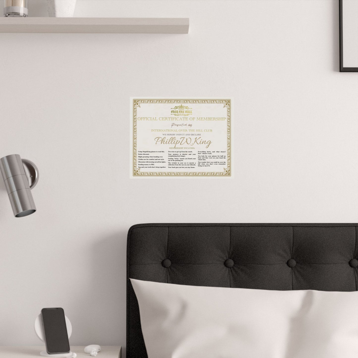 Over the Hill Club Membership Certificate, Funny Gift for 40th Birthday, Wall Art, Novelty Decor