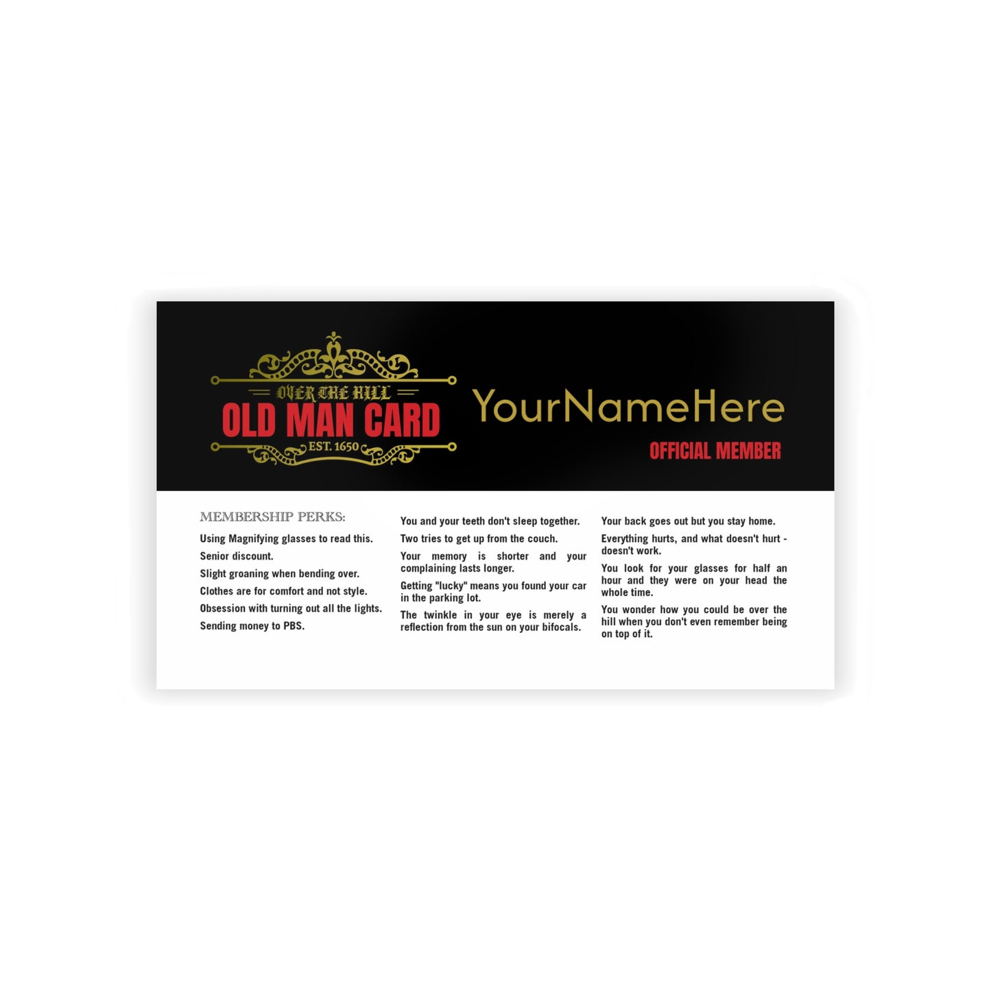 Over the Hill Membership Card – Funny Gag Gift for Birthdays or Retirements