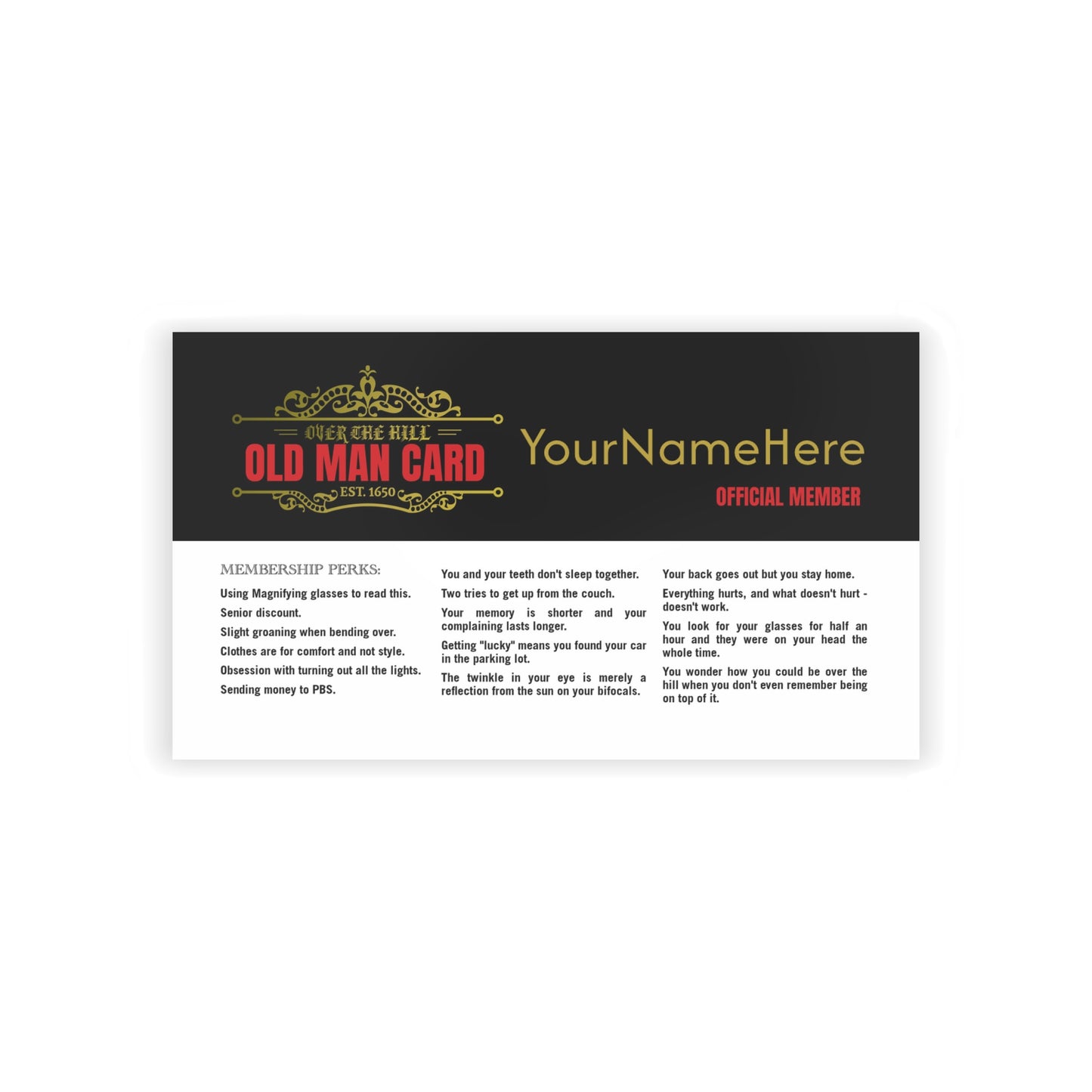 Over the Hill Membership Card – Funny Gag Gift for Birthdays or Retirements