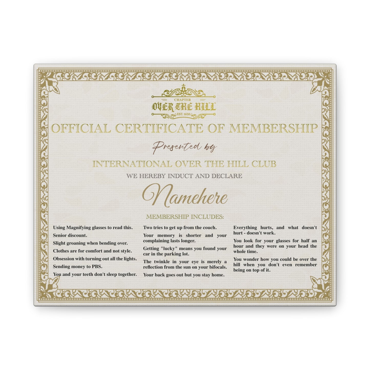 Personalized Membership Certificate Canvas, Fun Gift for Over the Hill Parties, Unique Wall Art for Aging Celebrations, Birthday Humor,