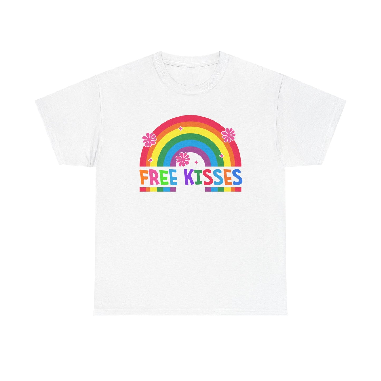 Colorful Rainbow Tee with 'Free Kisses' Design