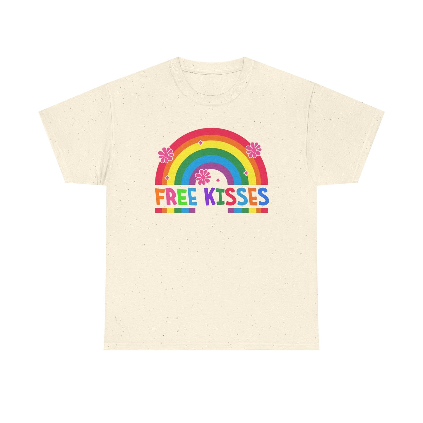 Colorful Rainbow Tee with 'Free Kisses' Design