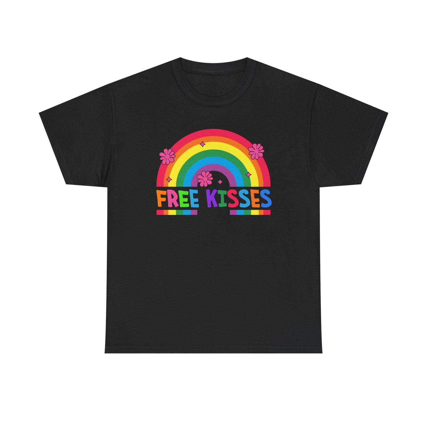 Colorful Rainbow Tee with 'Free Kisses' Design