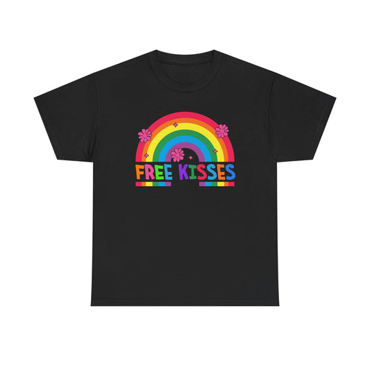 Colorful Rainbow Tee with 'Free Kisses' Design