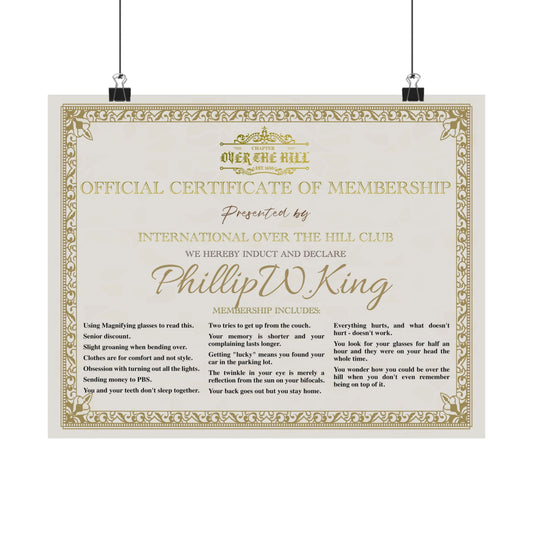 Over the Hill Club Membership Certificate, Funny Gift for 40th Birthday, Wall Art, Novelty Decor