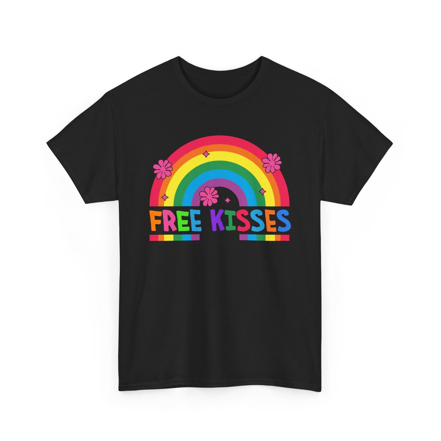 Colorful Rainbow Tee with 'Free Kisses' Design
