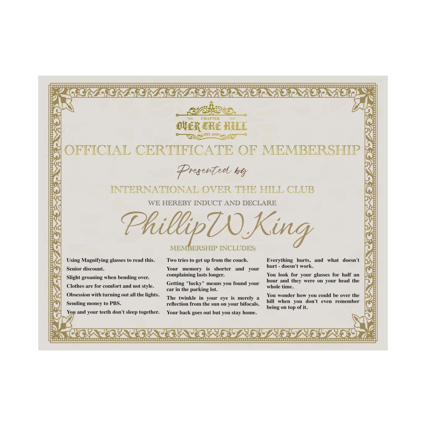 Over the Hill Club Membership Certificate, Funny Gift for 40th Birthday, Wall Art, Novelty Decor