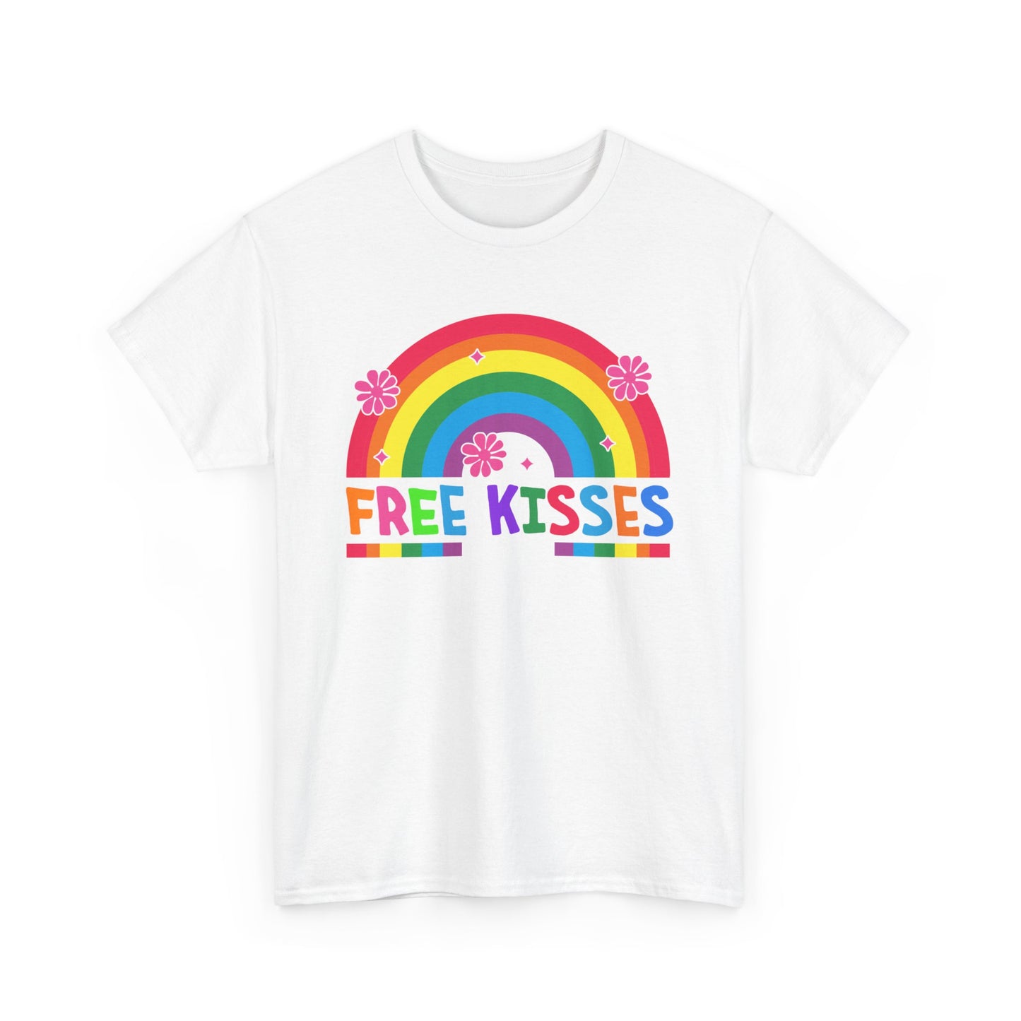 Colorful Rainbow Tee with 'Free Kisses' Design