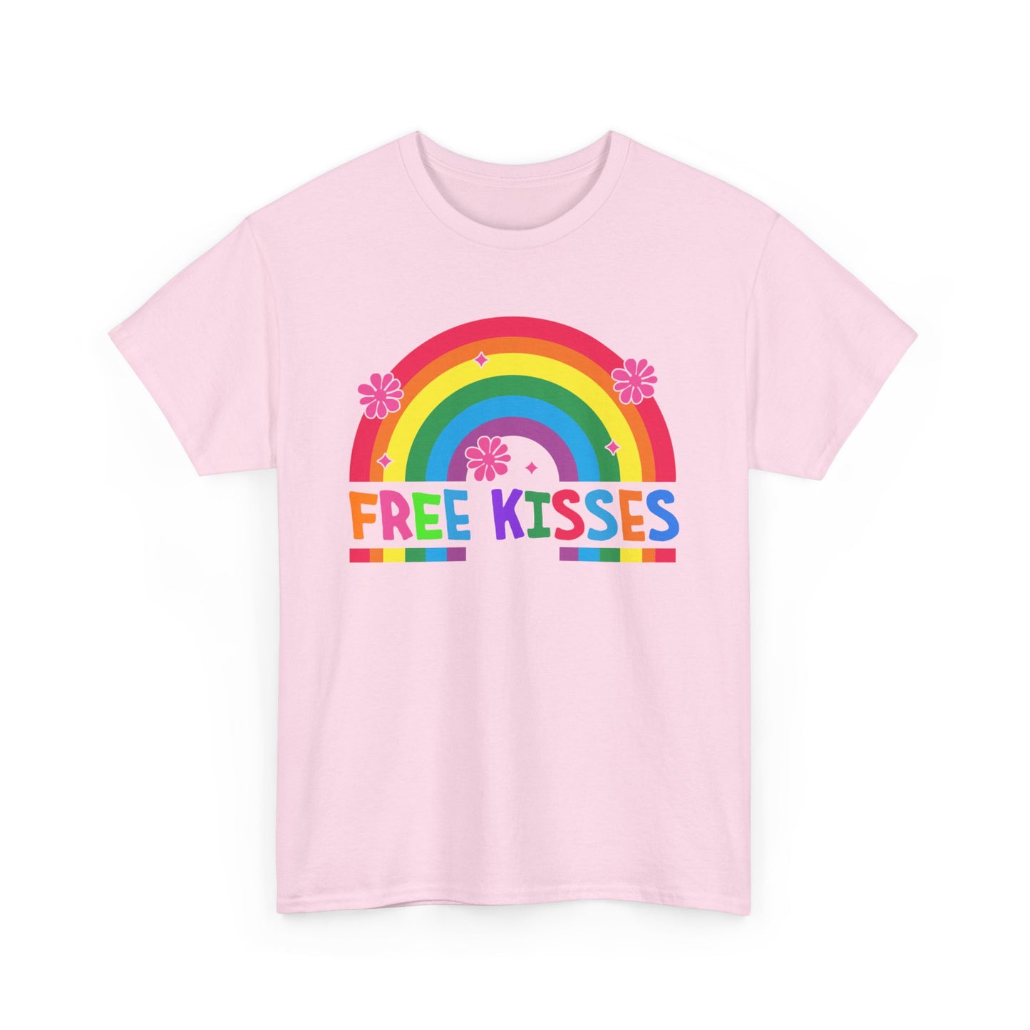 Colorful Rainbow Tee with 'Free Kisses' Design