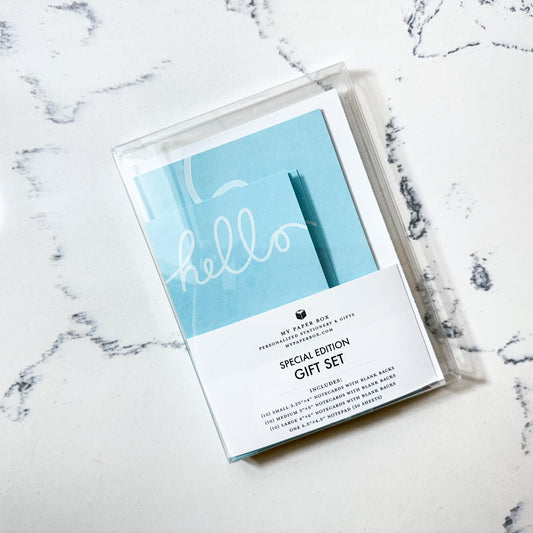 Hello Stationery Gift Set | Minimal Blue Notecards & Notepad