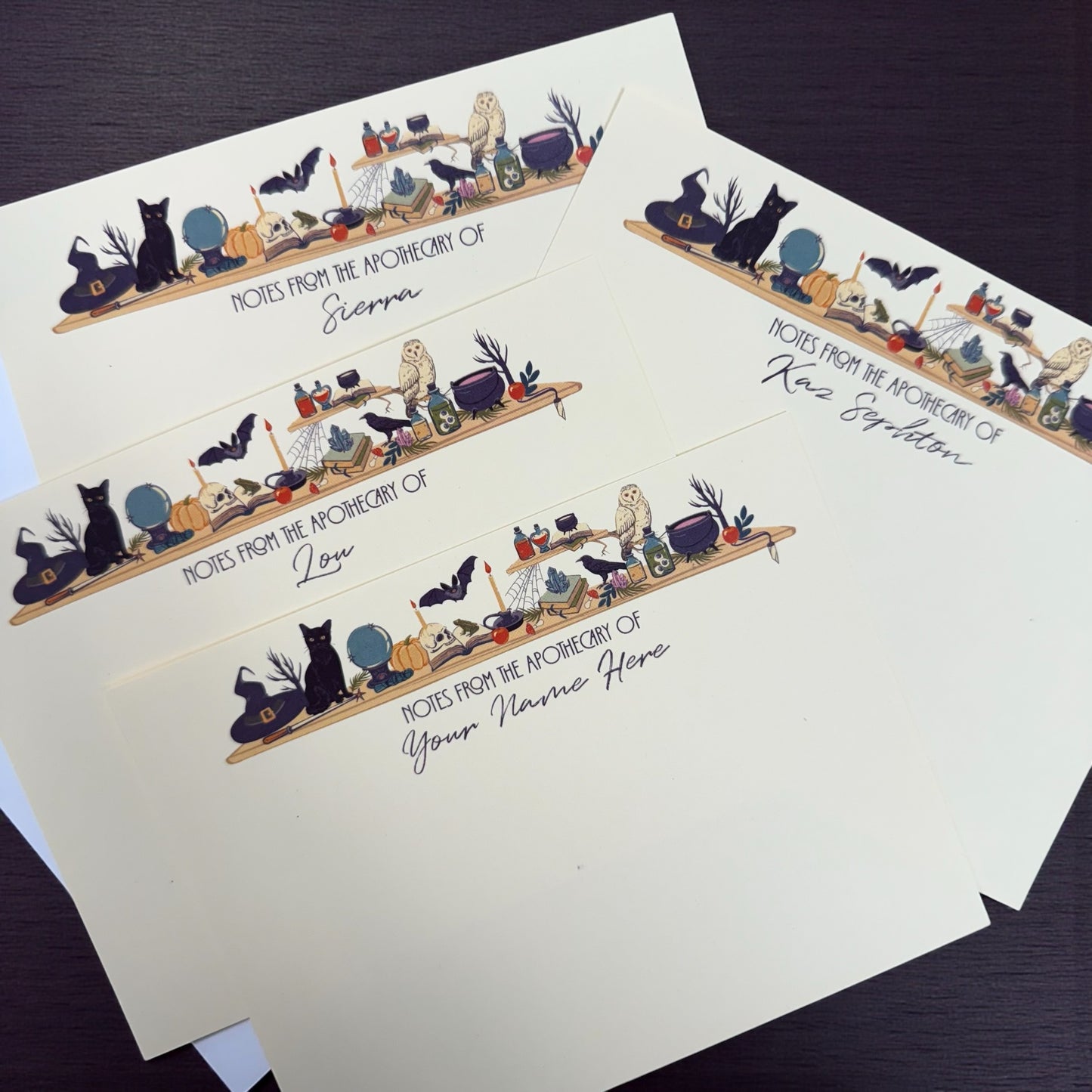 Personalized Apothecary Notecards – Set of 10 Flat A2 Cards, Witchy Desk Illustration