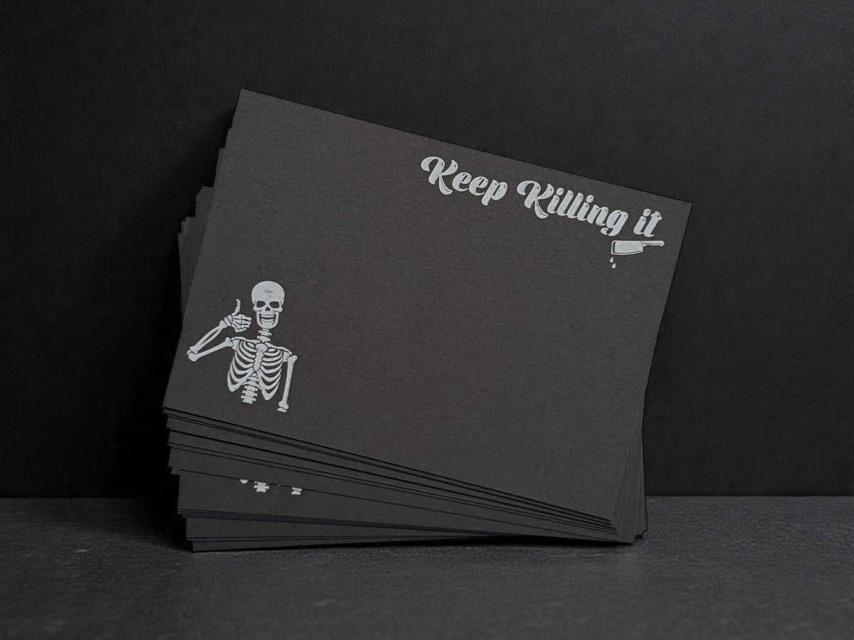 Black stationery notecards with white skeleton graphic and "Keep Killing It" text, custom personalized design. - “Keep Killing It” Black Notecard Set