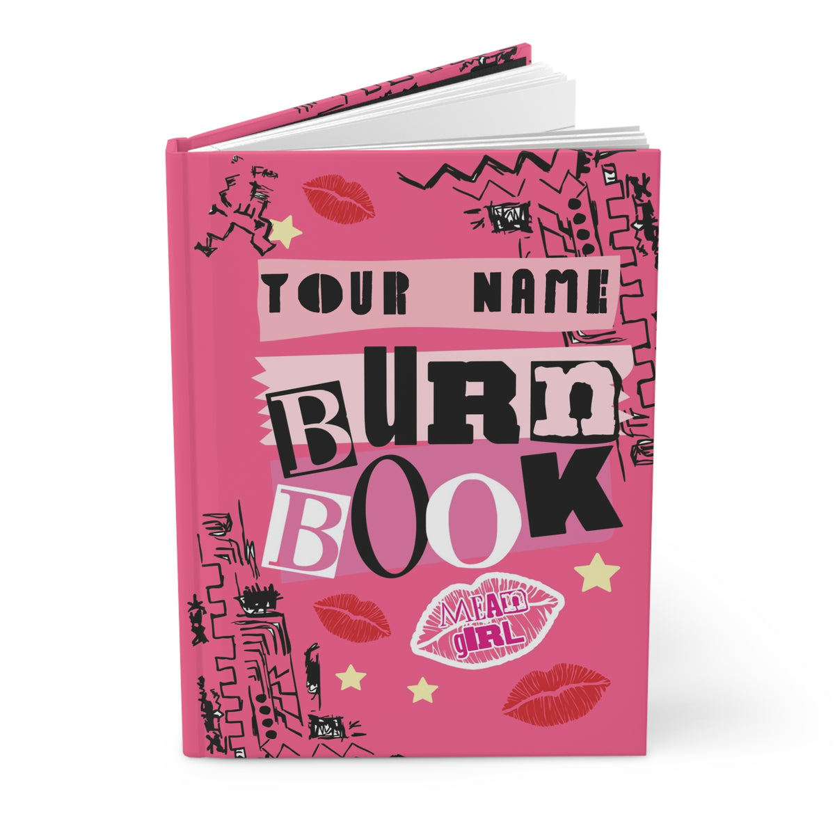 Pink hardcover journal with "Your Name Burn Book" text, kiss lips, and doodle designs.