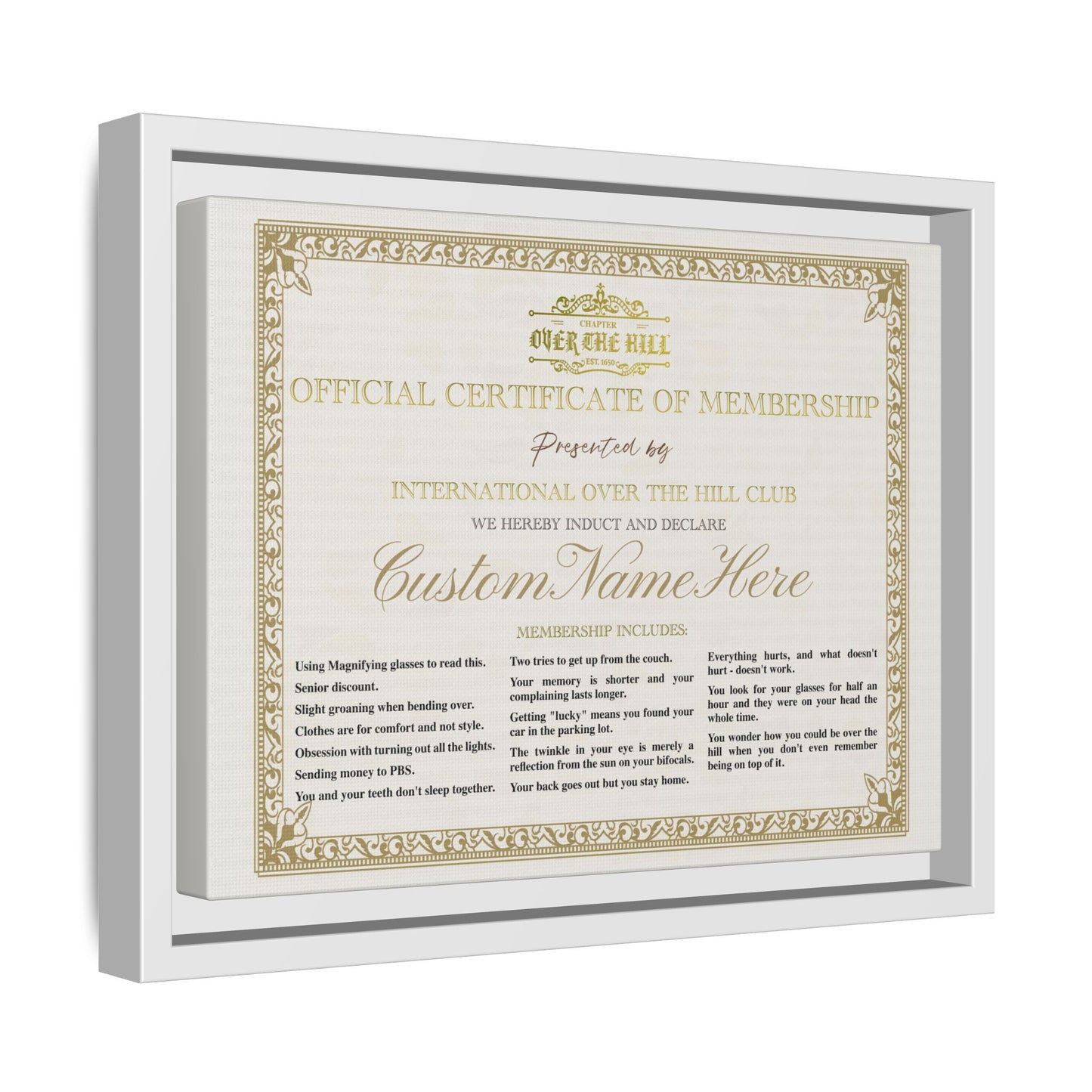 Personalized Over the Hill Membership Certificate
