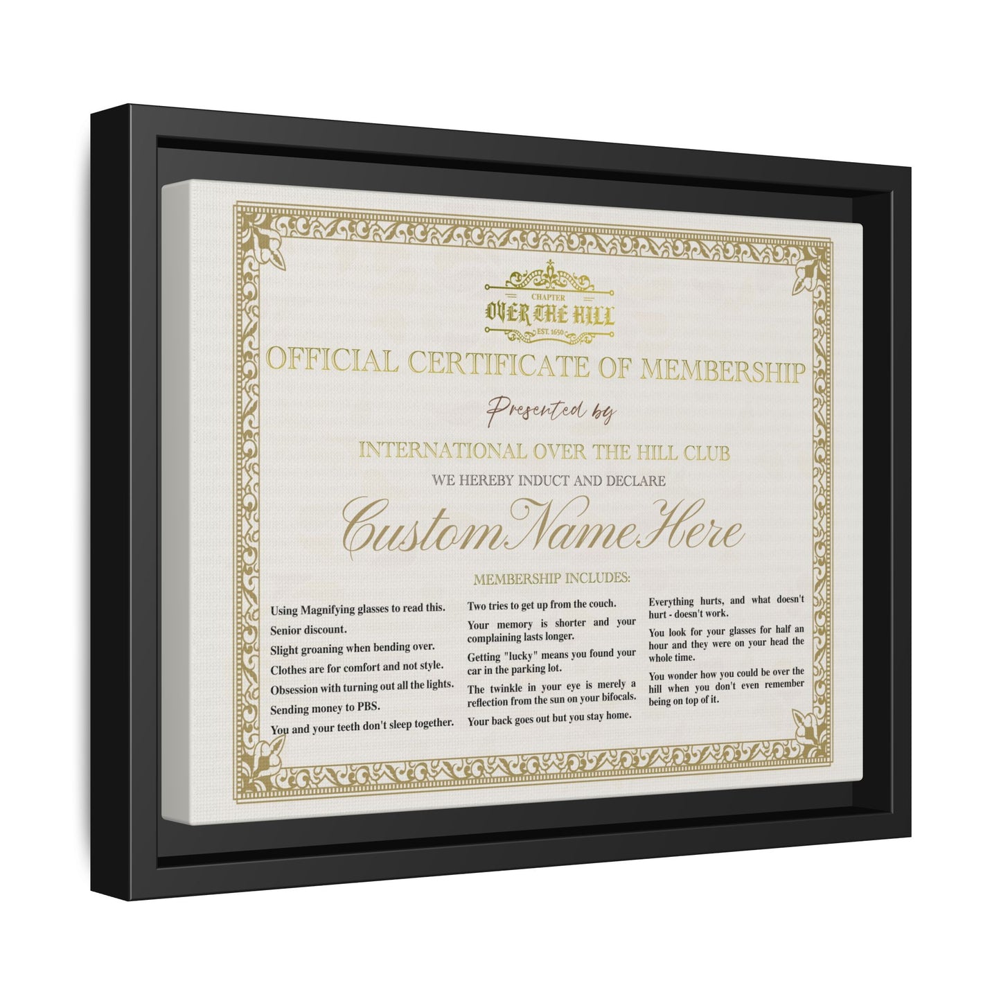 Personalized Over the Hill Membership Certificate