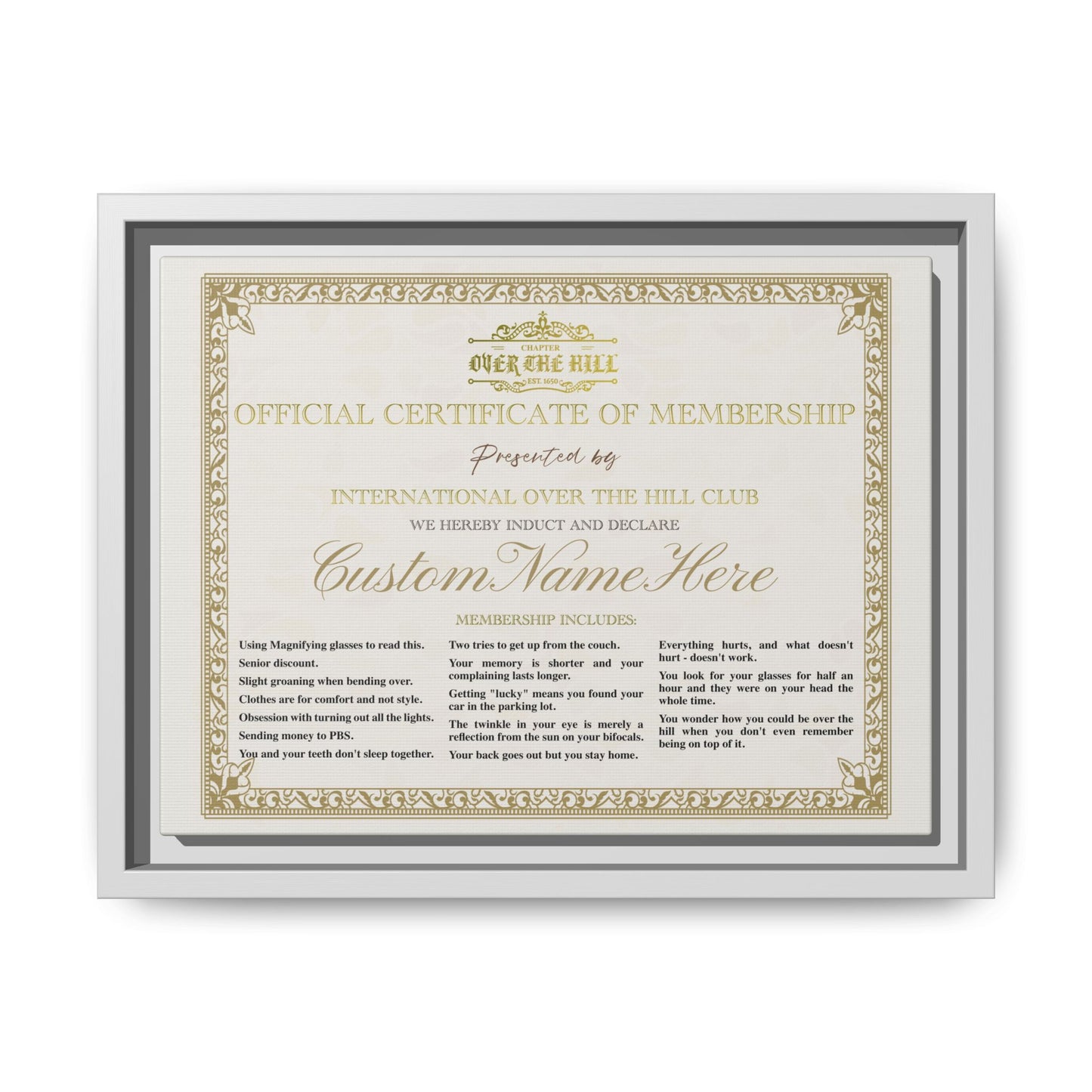 Personalized Over the Hill Membership Certificate