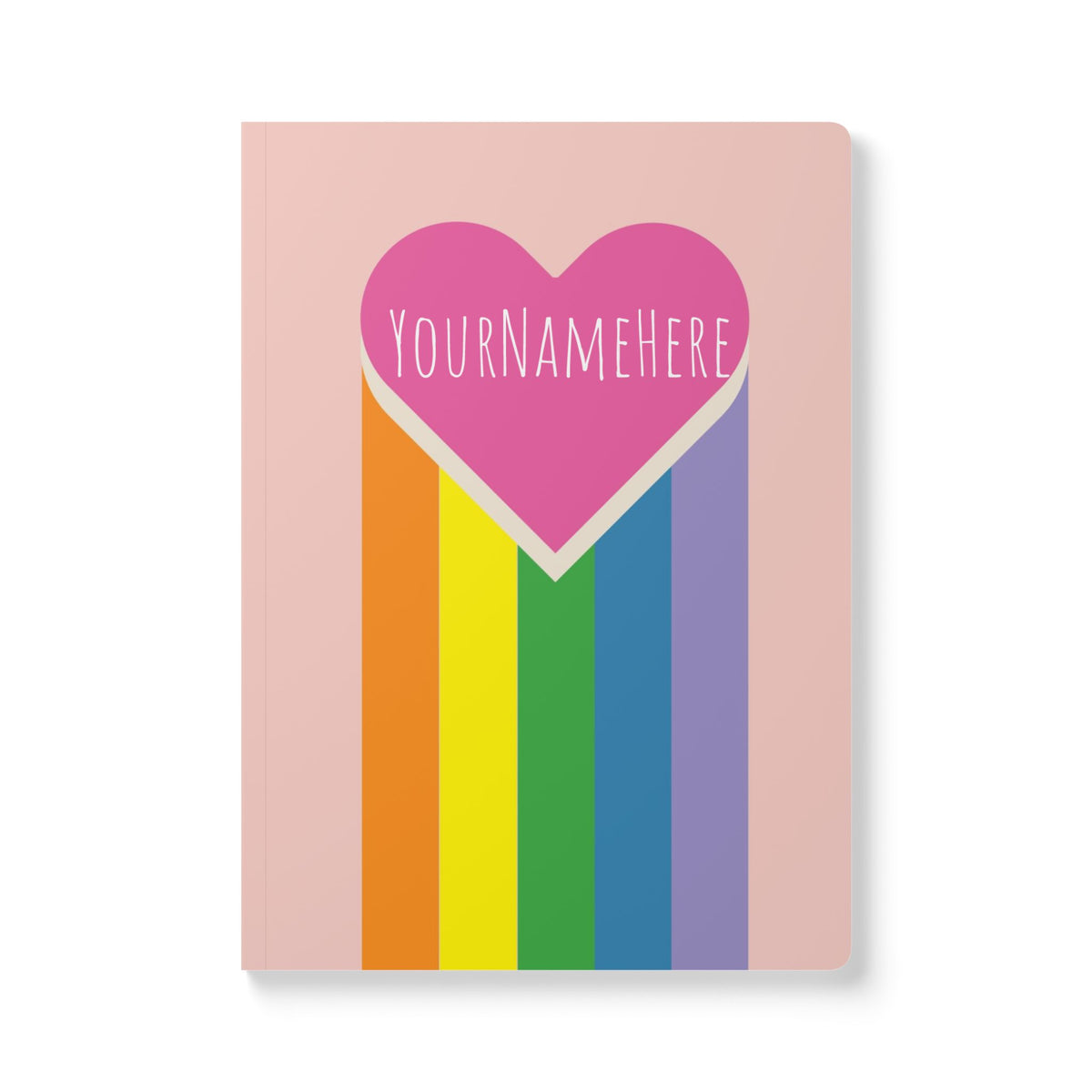 Pink journal cover with customizable heart and vertical rainbow stripes in yellow, orange, red, green, blue, and purple.