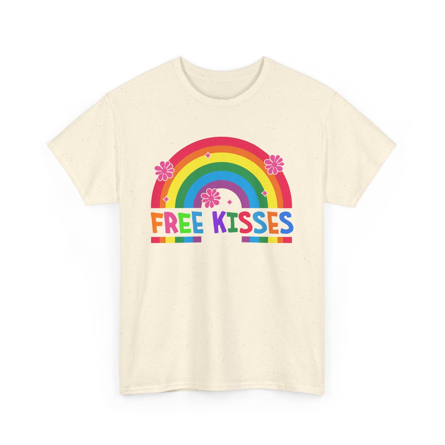 Colorful Rainbow Tee with 'Free Kisses' Design