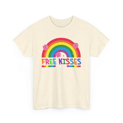 Colorful Rainbow Tee with 'Free Kisses' Design