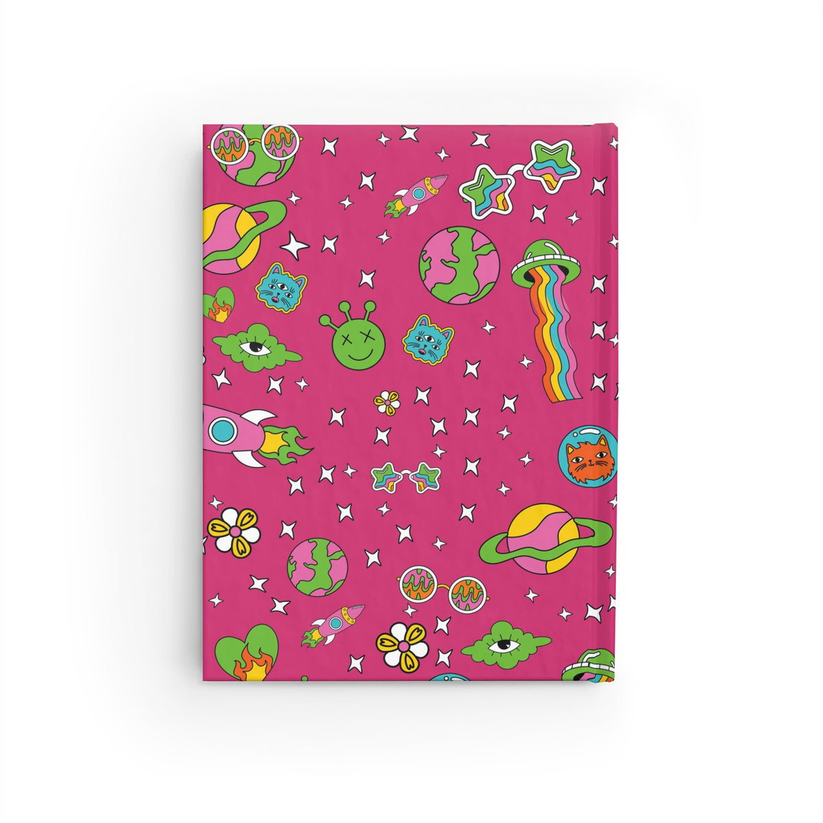 Pink journal cover with colorful cute alien, planets, stars, rainbow, and lips doodles in fun cartoon style.