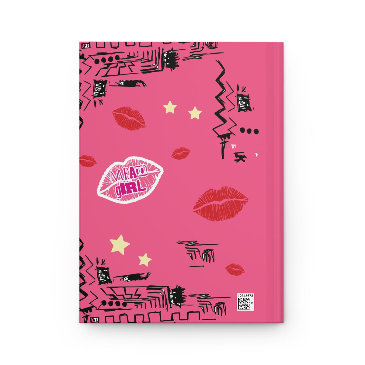 Pink hardcover journal with red kiss lips, black doodles, and yellow stars on the cover.