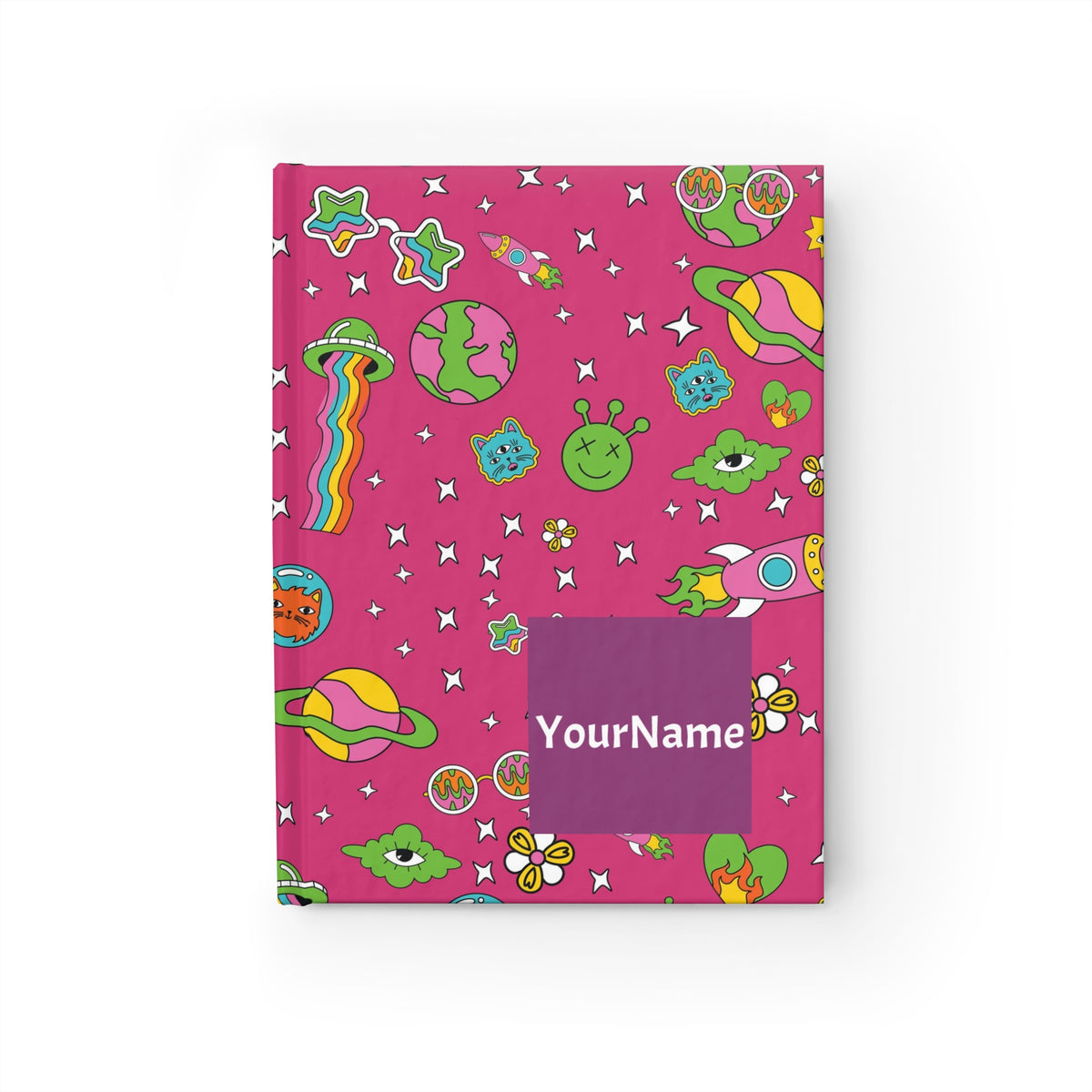 Pink journal cover with colorful alien, planet, and star illustrations and a customizable name box.