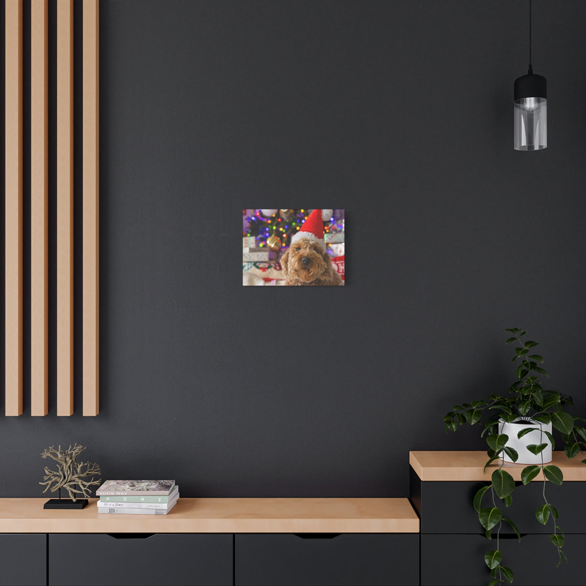Horizontal personalized photo canvas print featuring a dog in festive Christmas decor on a dark gray wall.
