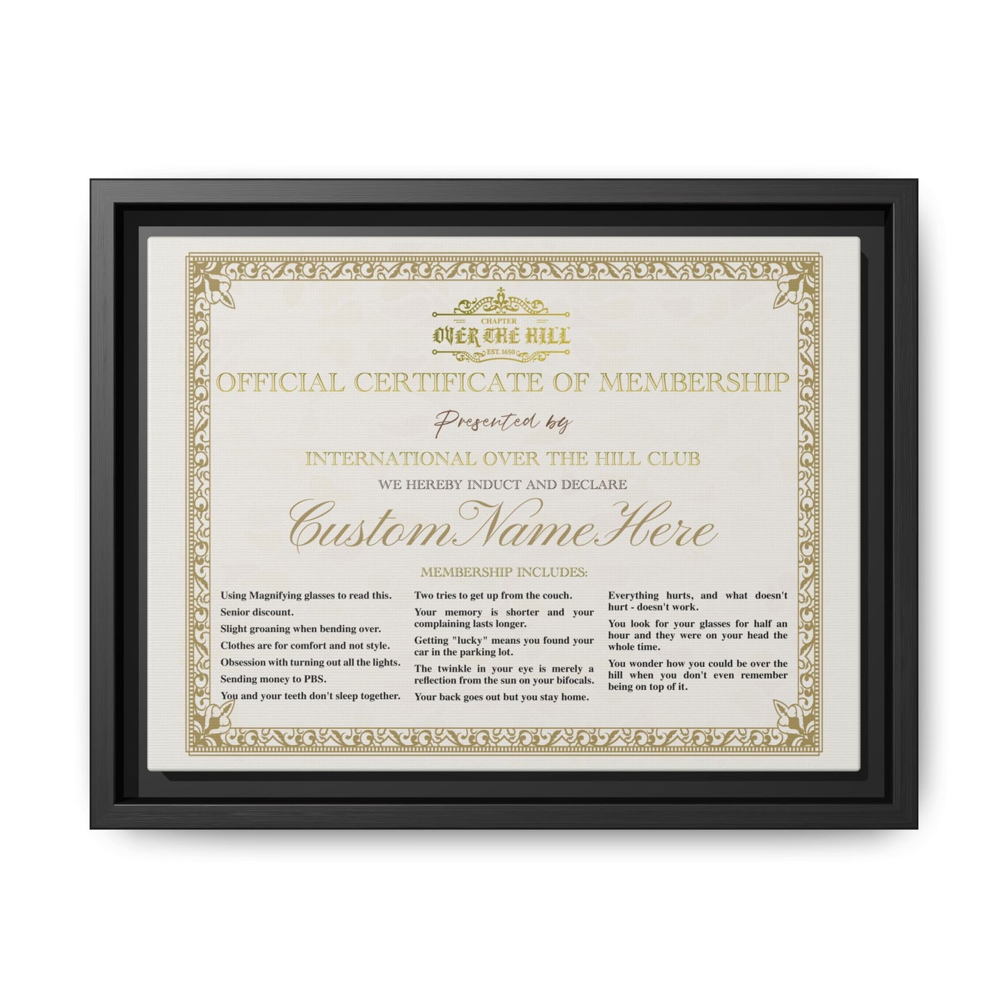 Personalized Over the Hill Membership Certificate