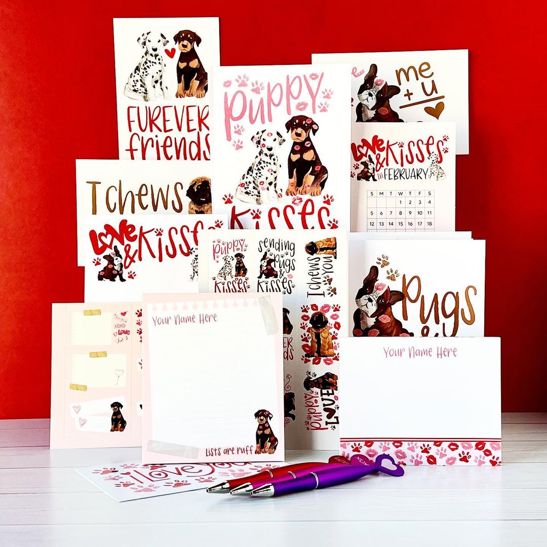 Collection of greeting cards with dog illustrations and text on a red background