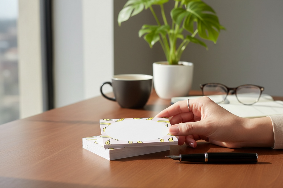Hand holding personalized banana-themed notecard from custom stationery set on wooden desk. - Banana Notecard Set