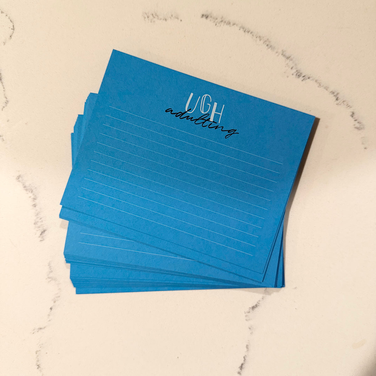 Celestial blue personalized stationery set with UGH Adulting Sucks custom notecards on marble surface. - UGH Adulting Sucks Notecard Set