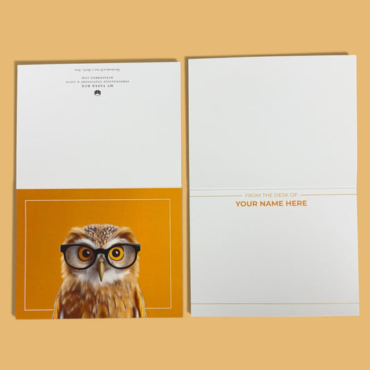 A2 folded card with an owl wearing black glasses on an orange background and customizable inside message in orange text.