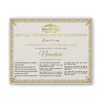 Personalized Membership Certificate Canvas, Fun Gift for Over the Hill Parties, Unique Wall Art for Aging Celebrations, Birthday Humor,