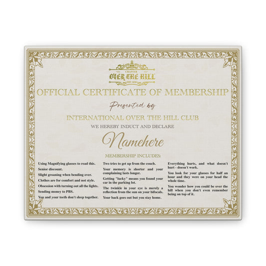 Personalized Membership Certificate Canvas, Fun Gift for Over the Hill Parties, Unique Wall Art for Aging Celebrations, Birthday Humor,