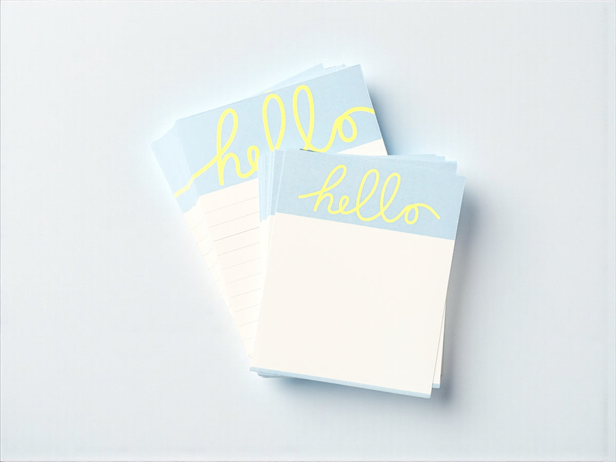 Set of custom stationery notecards with "hello" in yellow script, unlined and lined options, personalized style. - Hello Lined and Unlined Notecard Set
