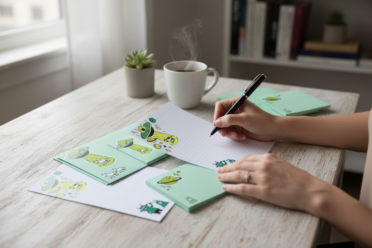 Custom personalized alien abduction stationery set with cute UFO notecards and notepad on wooden desk. - Alien Abduction Stationery Gift Set | Cute UFO Notecards & Notepad
