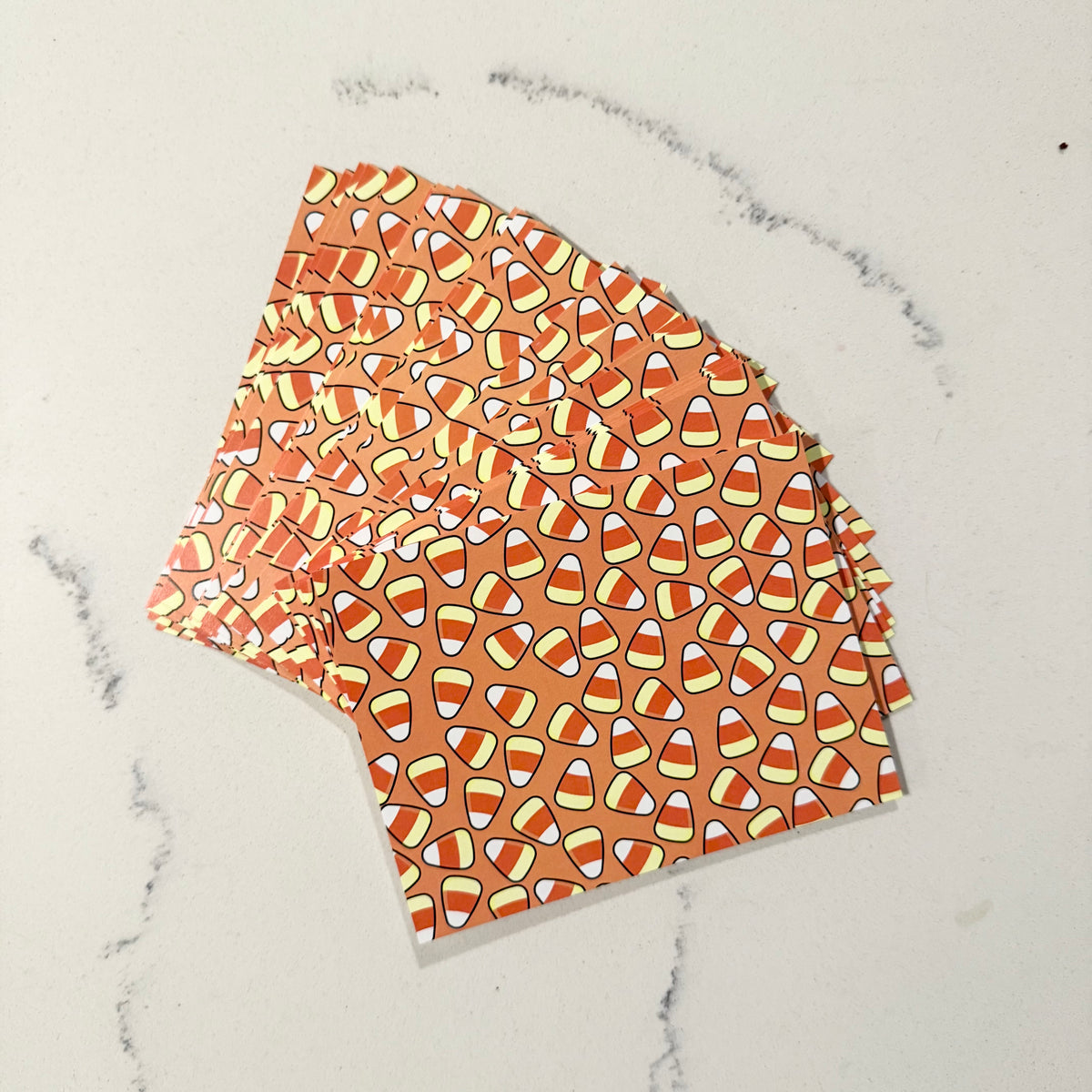 Set of custom stationery notecards with personalized candy corn pattern on orange background. - Candy Corn Notecard Set