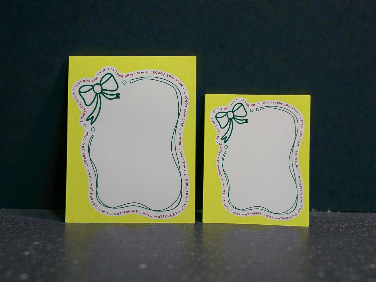 Yellow custom stationery notepad and notecards set with decorative hand-drawn frames and green bows. - “I Will Not Forget” Notepad & Notecards Set