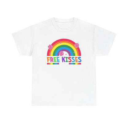 Colorful Rainbow Tee with 'Free Kisses' Design