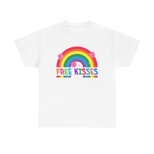 Colorful Rainbow Tee with 'Free Kisses' Design