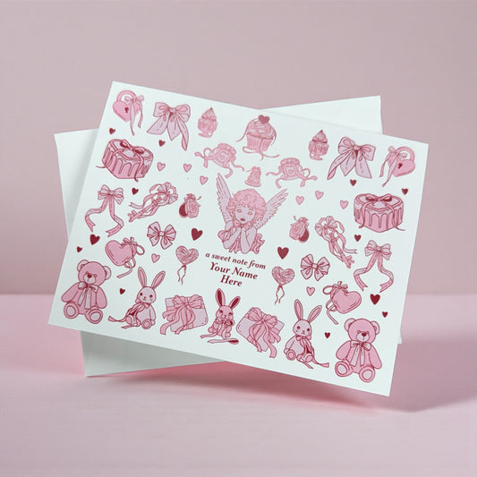 Set of 10 white note cards featuring pink angel and heart collage designs with space for personalized text.