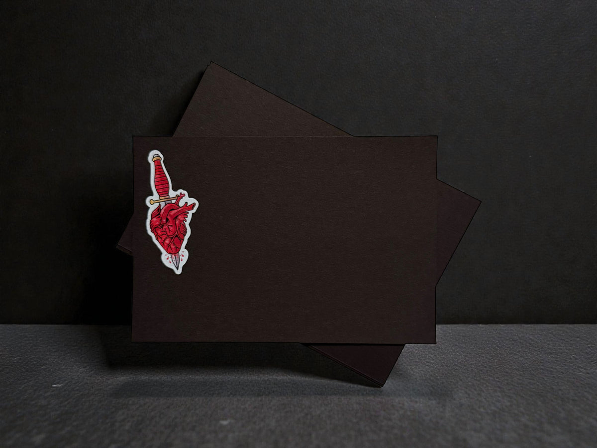 Black notecards with custom heart and dagger design sticker, personalized stationery set. - Heart + Dagger Black Notecards