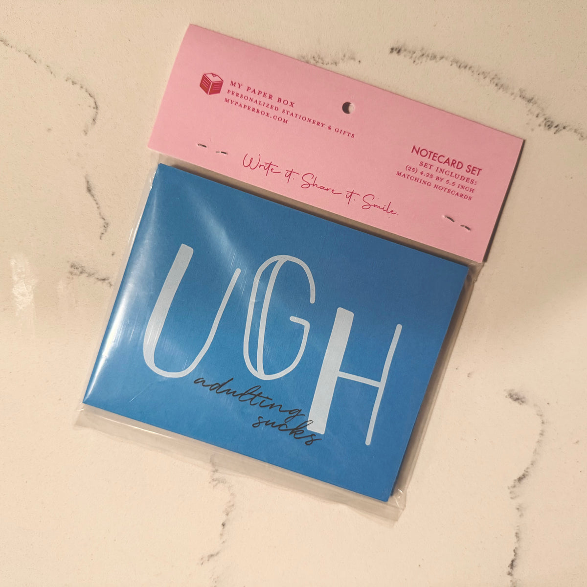 Celestial blue personalized stationery notecard set with "UGH adulting sucks" text and pink header band. - UGH Adulting Sucks Notecard Set