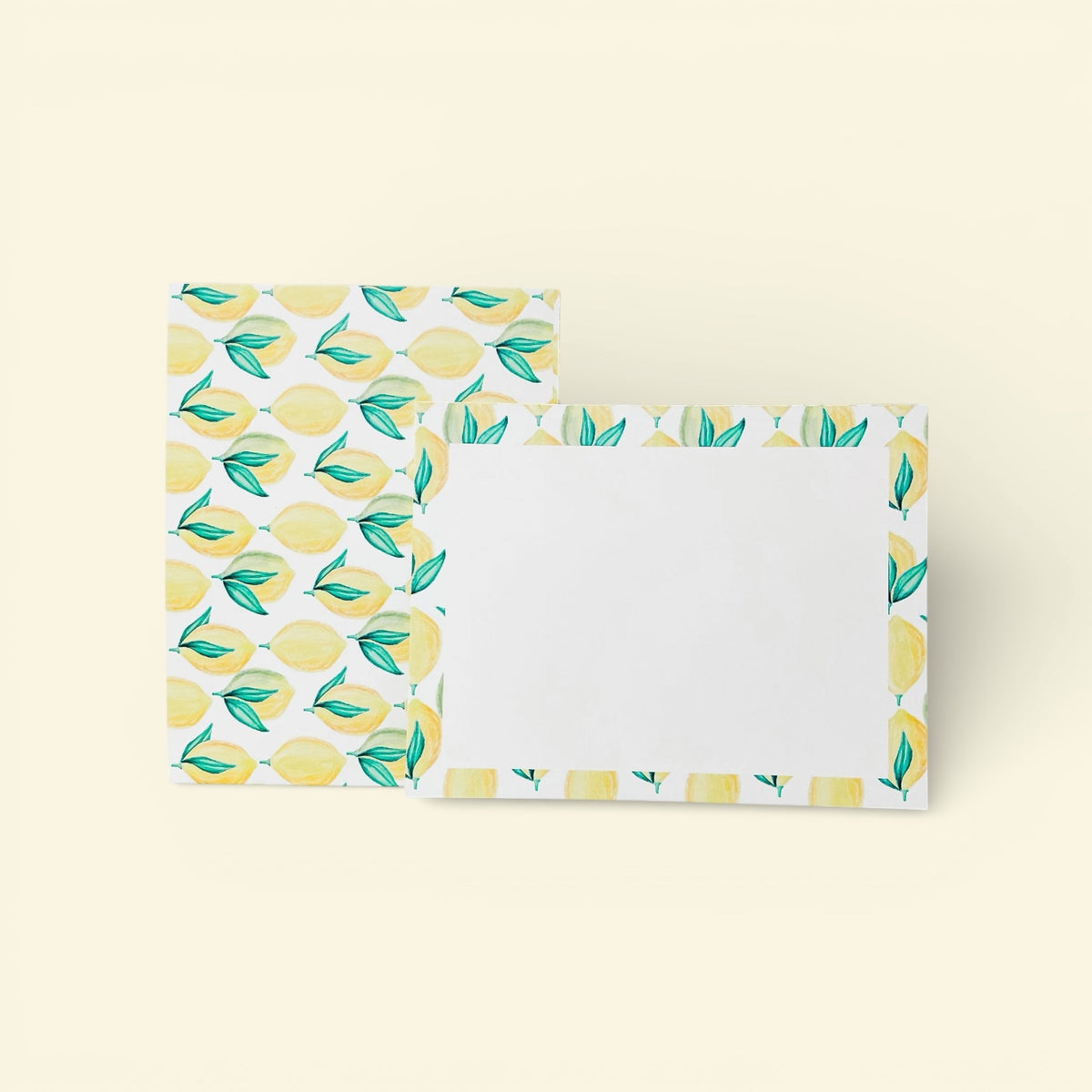 Set of custom stationery featuring personalized notecards with lemon and leaf border design. - Lemon Notecard Set