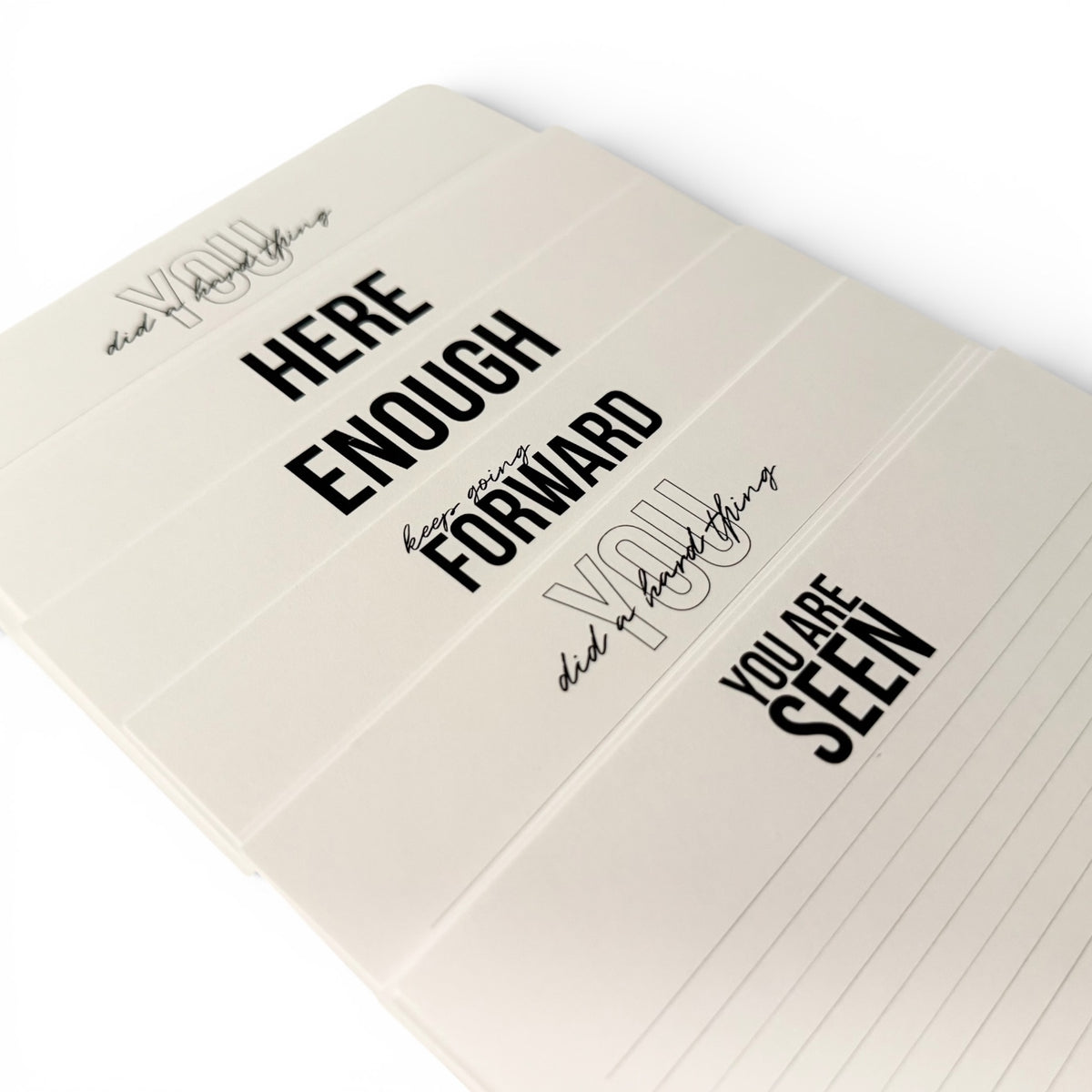 Set of custom personalized stationery notecards with black inspirational text on white paper. - Quiet moments Notecard Set