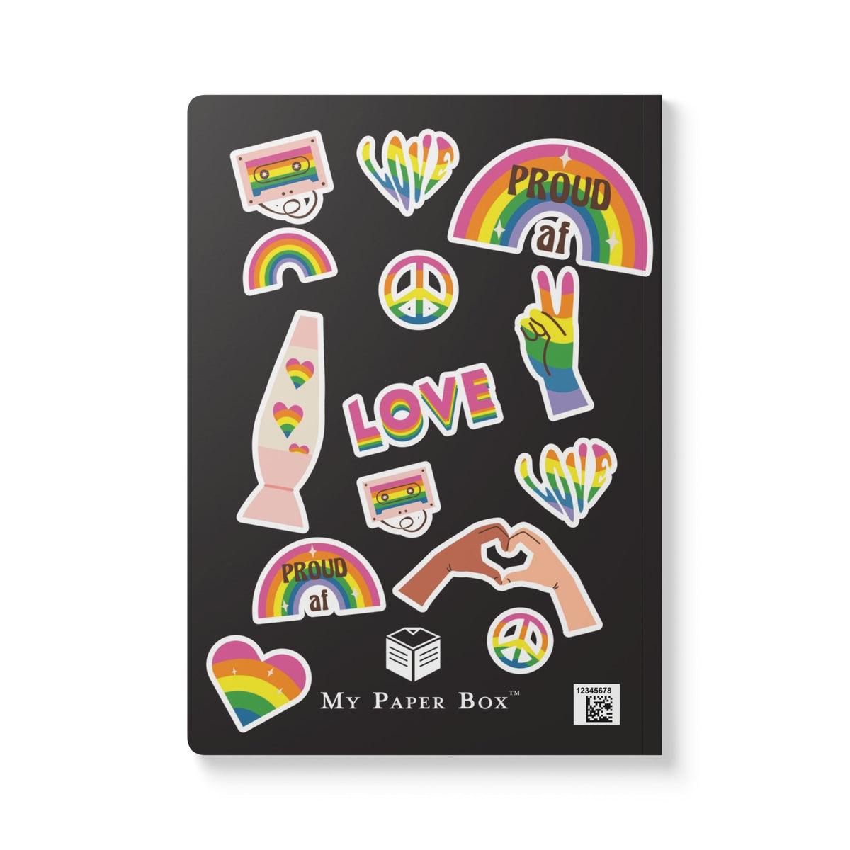 Black notebook cover with colorful pride-themed stickers including rainbows, hearts, peace signs, and the word "LOVE".