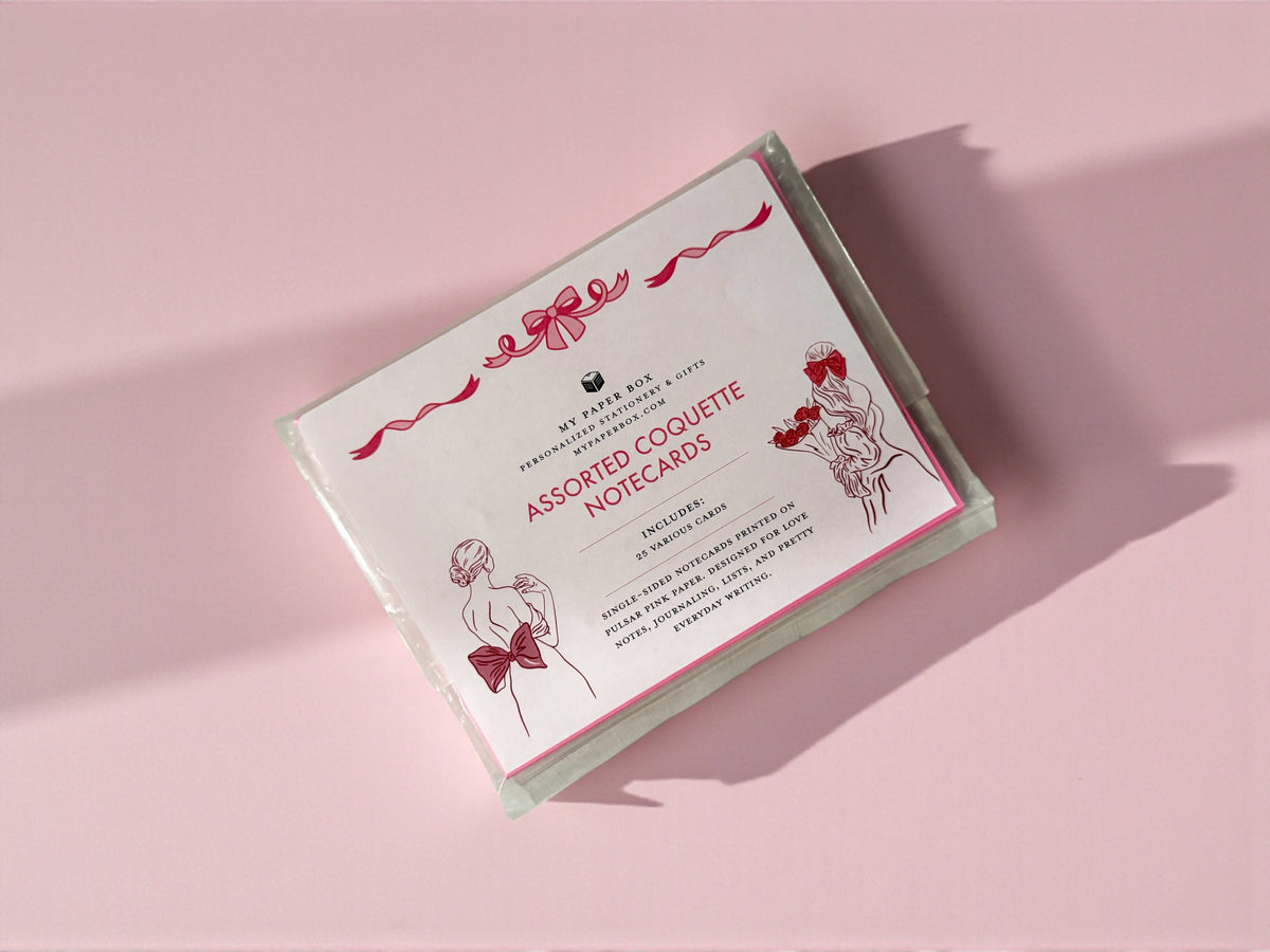 Assorted Coquette Notecard Set of 25 with floral design, personalized stationery in pink packaging. - Assorted Coquette Notecard Set of 25